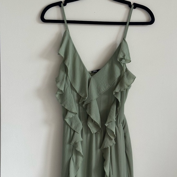 ZARA SS23 Sea Green Ruffle Maxi Dress Spaghetti Straps XS - Picture 11 of 15
